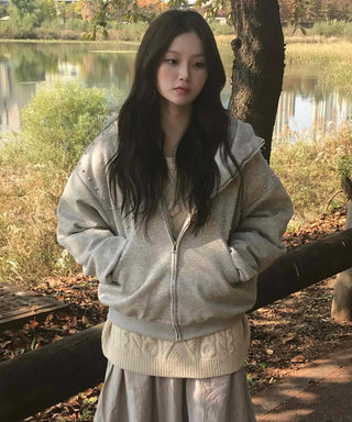 Daily Studded Loose Fit Zip-Up Hoodie