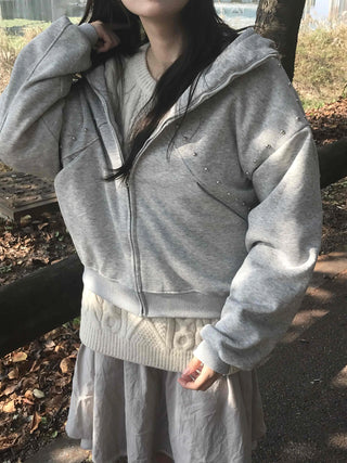 Daily Studded Loose Fit Zip-Up Hoodie