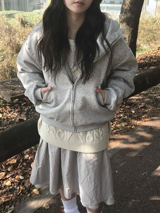 Daily Studded Loose Fit Zip-Up Hoodie