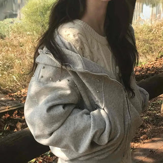 Daily Studded Loose Fit Zip-Up Hoodie