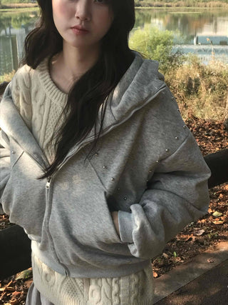 Daily Studded Loose Fit Zip-Up Hoodie