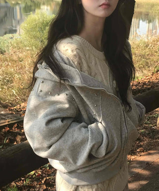 Daily Studded Loose Fit Zip-Up Hoodie
