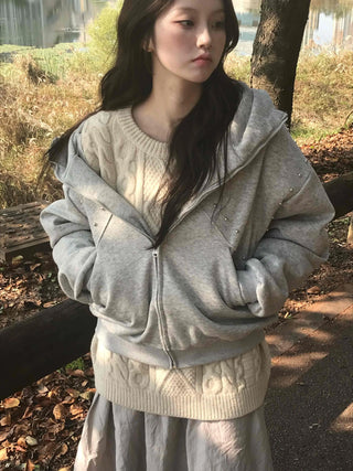 Daily Studded Loose Fit Zip-Up Hoodie