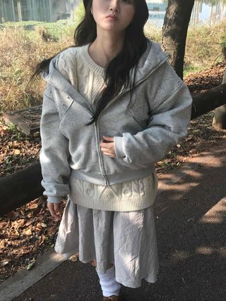 Daily Studded Loose Fit Zip-Up Hoodie