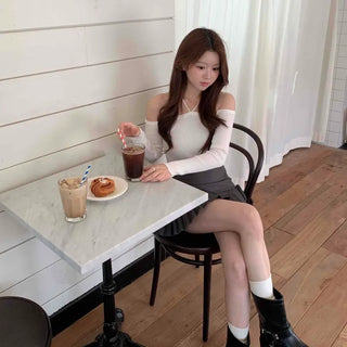 Sexy Shoulder Strap Slim Fit Off-Shoulder Ribbed Long Sleeve T-Shirt