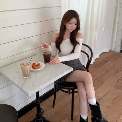 Sexy Shoulder Strap Slim Fit Off-Shoulder Ribbed Long Sleeve T-Shirt