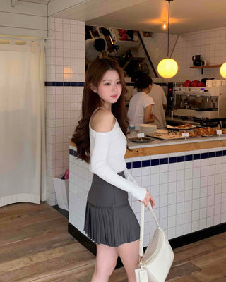 Sexy Shoulder Strap Slim Fit Off-Shoulder Ribbed Long Sleeve T-Shirt