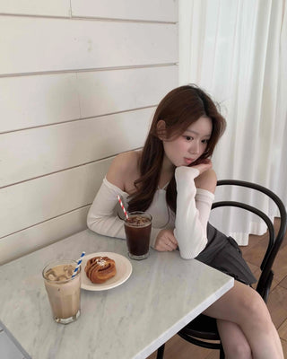 Sexy Shoulder Strap Slim Fit Off-Shoulder Ribbed Long Sleeve T-Shirt