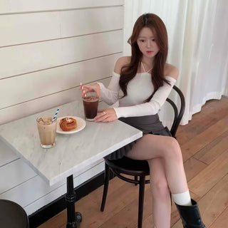 Sexy Shoulder Strap Slim Fit Off-Shoulder Ribbed Long Sleeve T-Shirt