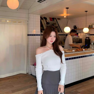 Sexy Shoulder Strap Slim Fit Off-Shoulder Ribbed Long Sleeve T-Shirt