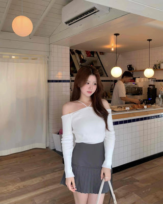 Sexy Shoulder Strap Slim Fit Off-Shoulder Ribbed Long Sleeve T-Shirt