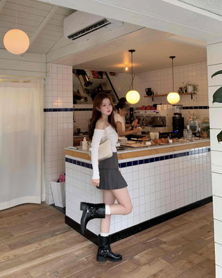 Sexy Shoulder Strap Slim Fit Off-Shoulder Ribbed Long Sleeve T-Shirt