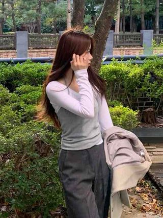 Soft Casual Two-Piece Layered Slim Fit Long Sleeve T-shirt