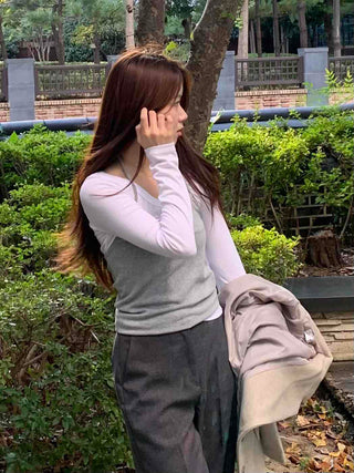 Soft Casual Two-Piece Layered Slim Fit Long Sleeve T-shirt