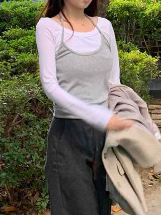 Soft Casual Two-Piece Layered Slim Fit Long Sleeve T-shirt