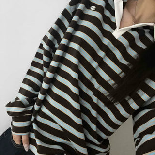 Loose Fit Retro Color Block Border Round Long Sleeve T-shirt