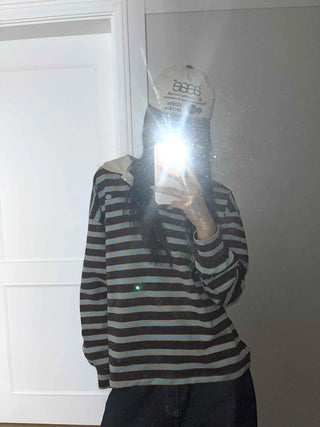 Loose Fit Retro Color Block Border Round Long Sleeve T-shirt