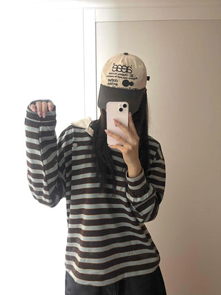 Loose Fit Retro Color Block Border Round Long Sleeve T-shirt