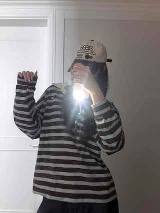 Loose Fit Retro Color Block Border Round Long Sleeve T-shirt