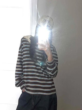 Loose Fit Retro Color Block Border Round Long Sleeve T-shirt