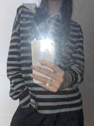 Loose Fit Retro Color Block Border Round Long Sleeve T-shirt