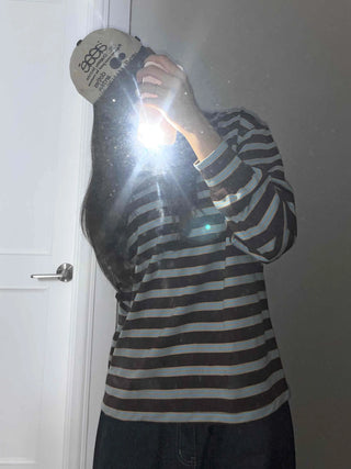 Loose Fit Retro Color Block Border Round Long Sleeve T-shirt