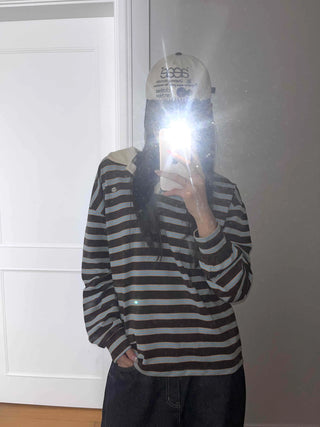 Loose Fit Retro Color Block Border Round Long Sleeve T-shirt