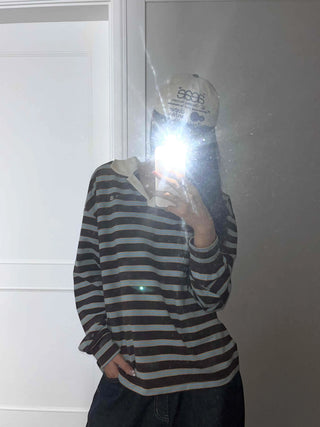 Loose Fit Retro Color Block Border Round Long Sleeve T-shirt