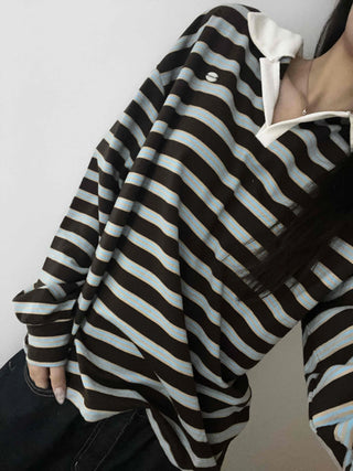 Loose Fit Retro Color Block Border Round Long Sleeve T-shirt