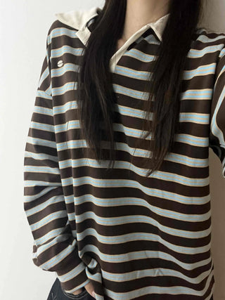 Loose Fit Retro Color Block Border Round Long Sleeve T-shirt