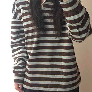 Loose Fit Retro Color Block Border Round Long Sleeve T-shirt