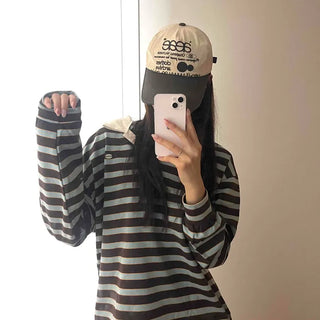 Loose Fit Retro Color Block Border Round Long Sleeve T-shirt