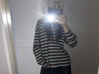 Loose Fit Retro Color Block Border Round Long Sleeve T-shirt