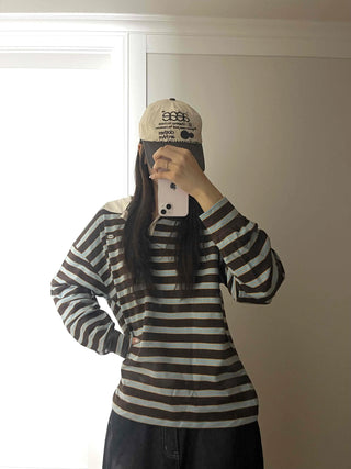 Loose Fit Retro Color Block Border Round Long Sleeve T-shirt