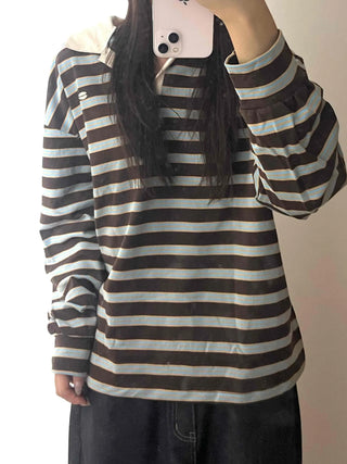 Loose Fit Retro Color Block Border Round Long Sleeve T-shirt