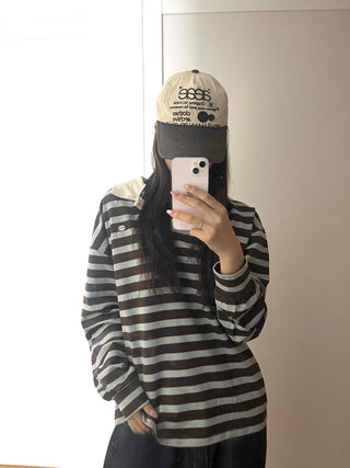 Loose Fit Retro Color Block Border Round Long Sleeve T-shirt