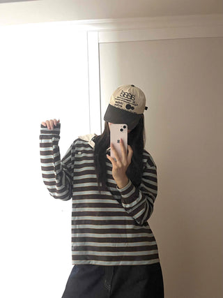 Loose Fit Retro Color Block Border Round Long Sleeve T-shirt