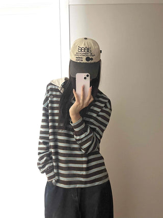 Loose Fit Retro Color Block Border Round Long Sleeve T-shirt