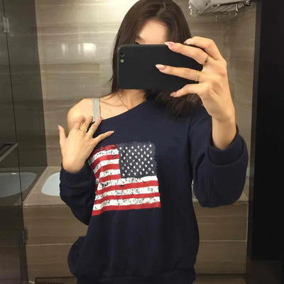 Vintage American Print Oversized One-Shoulder Sweatshirt