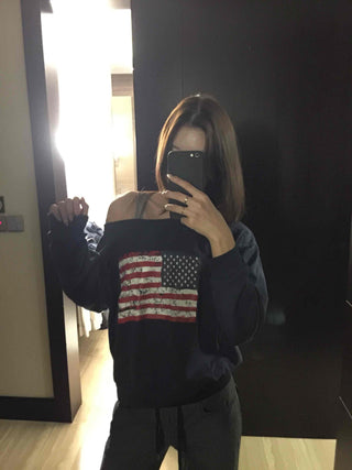 Vintage American Print Oversized One-Shoulder Sweatshirt