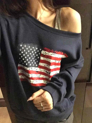 Vintage American Print Oversized One-Shoulder Sweatshirt