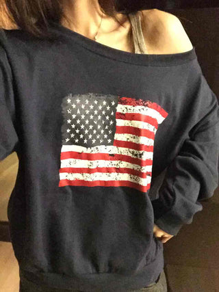 Vintage American Print Oversized One-Shoulder Sweatshirt
