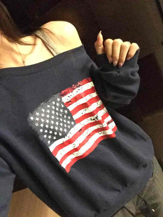 Vintage American Print Oversized One-Shoulder Sweatshirt