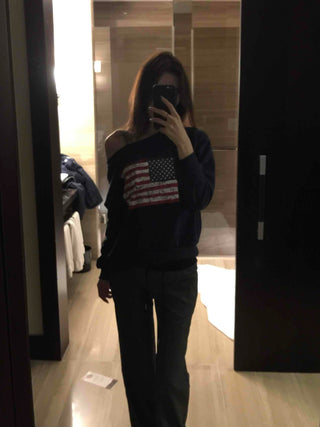 Vintage American Print Oversized One-Shoulder Sweatshirt