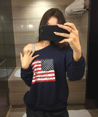 Vintage American Print Oversized One-Shoulder Sweatshirt