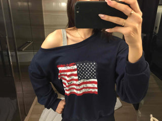Vintage American Print Oversized One-Shoulder Sweatshirt