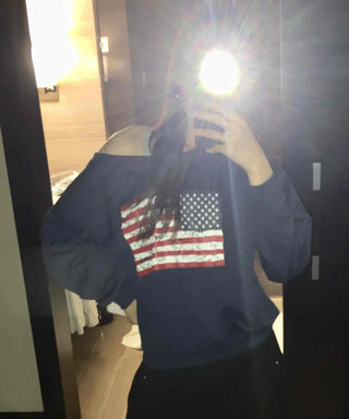 Vintage American Print Oversized One-Shoulder Sweatshirt