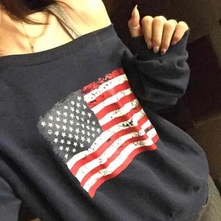 Vintage American Print Oversized One-Shoulder Sweatshirt