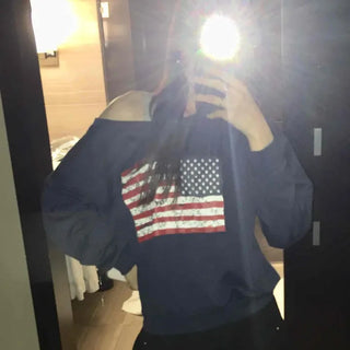 Vintage American Print Oversized One-Shoulder Sweatshirt