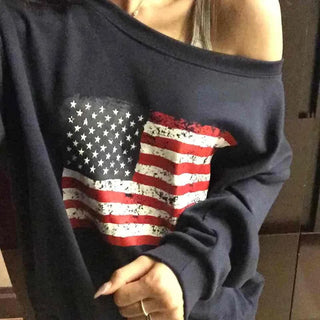 Vintage American Print Oversized One-Shoulder Sweatshirt